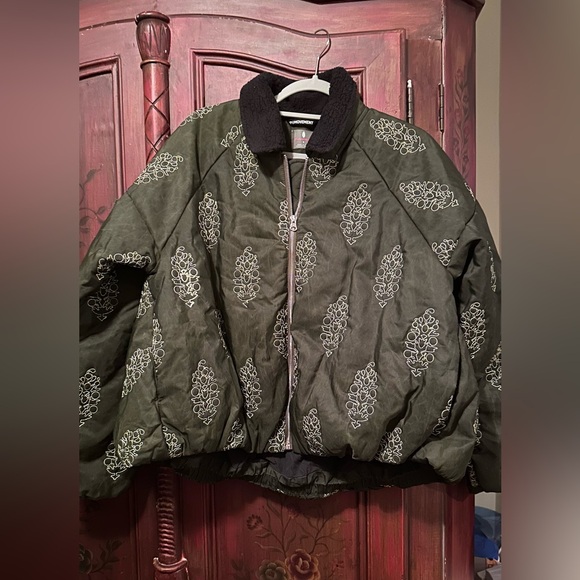 Free People Movement Green Embroidered Jacket with Black Collar